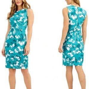 CALVIN KLEIN Floral-Print Sheath Dress TEAL Gorgeous  SZ 12 LIKE NEW